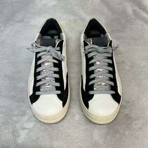 P448 John Low-Top Leather Sneaker Shoes White Black Gold Womens 38 or US 7.5